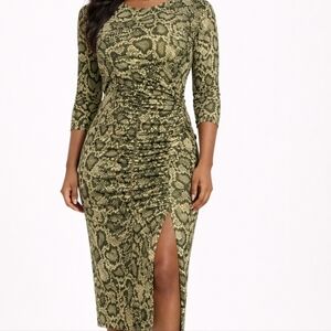 Harlow & Rose, khaki grn and creme, reptile pattern dress, Size M.